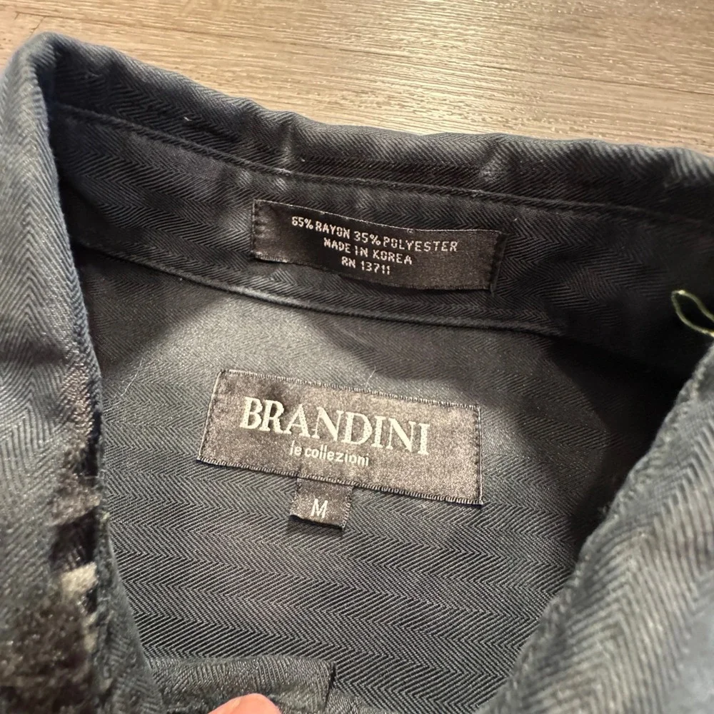 Vintage Brandini Shirt Mens M Gray Herringbone Rayon Dress Casual Old Money